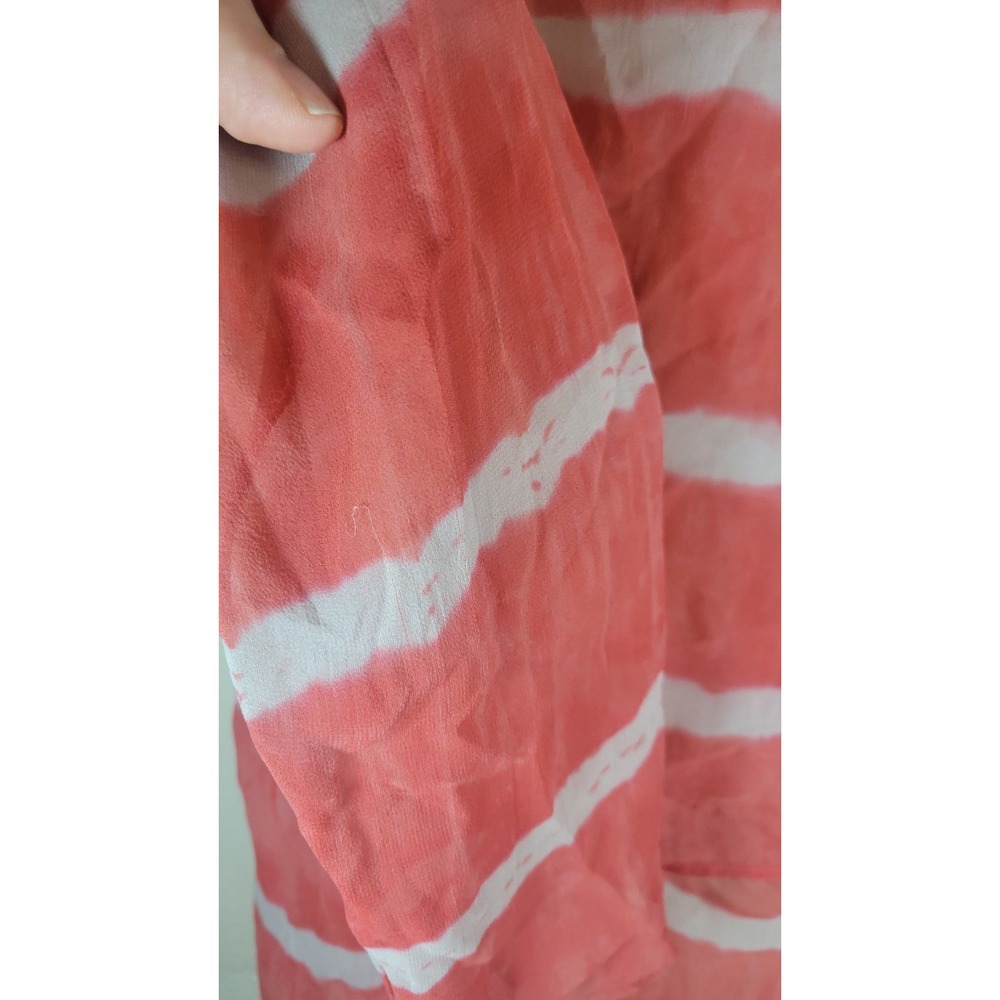 Language Silk‎ Sheer V-Neck Long Sleeve Blouse Coral Stripe Size M - Picture 5 of 8